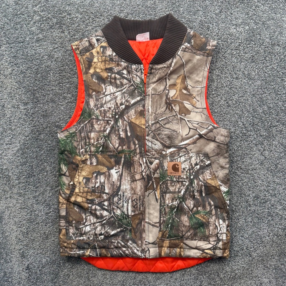 Carhartt Boys S Reversible Vest Realtree Camo Safety Orange Quilted S 7/8 Blaze